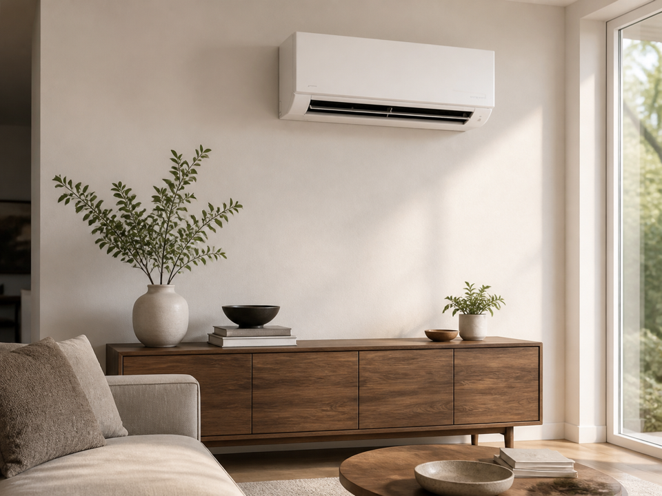 Bright living room with a wall-mounted air conditioner