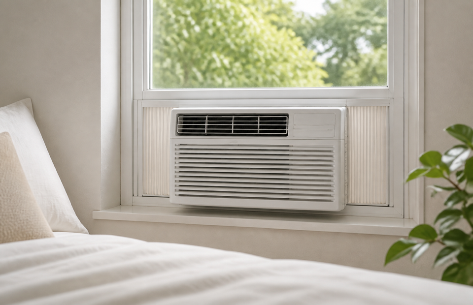 Narrow window air conditioner in a bright bedroom